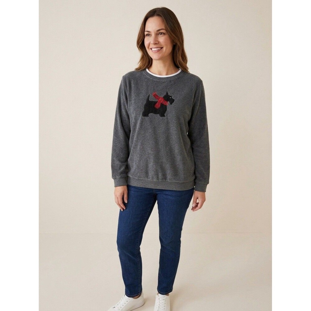 Fashion Classic Gray Scottie Dog Sweatshirt Embroidered Plaid Scarf Holiday M